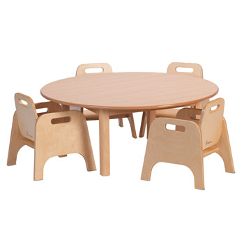 WOODEN TABLES & CHAIRS, CIRCULAR TABLE & 4 STURDY CHAIRS, Table 400mm, Chair 200mm, 2-3yrs