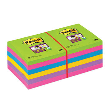 POST-IT(R) SUPER STICKY COLOUR NOTES, Ultra Colours, 76 x 76mm, Pack of 12