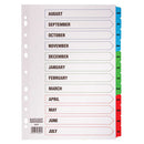 MULTI-PUNCHED TABBED DIVIDERS, CARD, PRINTED POSITION & COLOURED TABS, Academic Year, White, (A4) 223x297mm, Set of 12