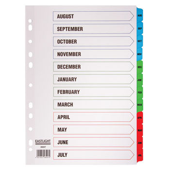 MULTI-PUNCHED TABBED DIVIDERS, CARD, PRINTED POSITION & COLOURED TABS, Academic Year, White, (A4) 223x297mm, Set of 12