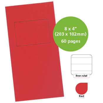 EXERCISE BOOKS, MANILLA COVERS, 8 x 4'' (203 x 102mm), 60 pages - Notebook, Red, 8mm ruled, Pack of 25