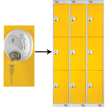 THREE COMPARTMENT LOCKERS WITH KEY LOCKS, 300 x 450 x 1800mm (w x d x h), Nest of 3 Lockers, Red doors