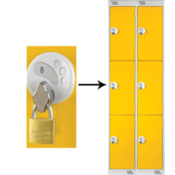 THREE COMPARTMENT LOCKERS WITH SWIVEL CATCH LOCKS, 300 x 450 x 1800mm (w x d x h), Nest of 2 Lockers, Yellow doors