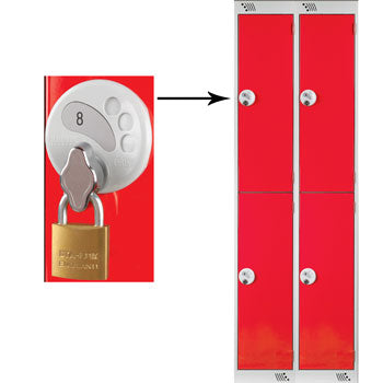 TWO COMPARTMENT LOCKERS WITH SWIVEL CATCH LOCKS, 300 x 300 x 1800mm (w x d x h), Nest of 2 Lockers, Red doors