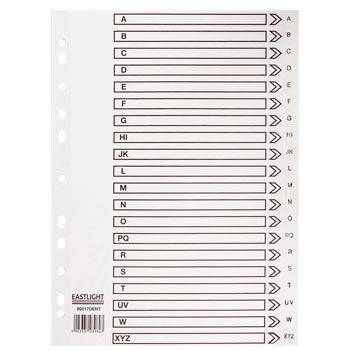MULTI-PUNCHED TABBED DIVIDERS FOR BINDERS AND FILES, CARD, PRINTED POSITION TABS, A-Z Indexed, White, (A4) 223 x 297mm, 10 x Set of 20
