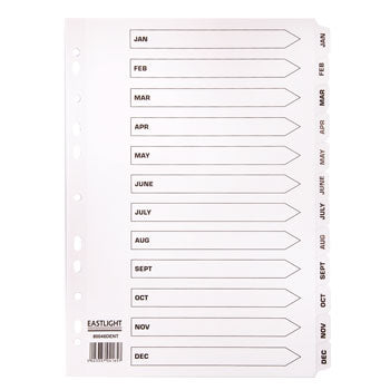 MULTI-PUNCHED TABBED DIVIDERS FOR BINDERS AND FILES, CARD, PRINTED POSITION TABS, Months (Jan-Dec), White, (A4) 223 x 297mm, 20 x Set of 12