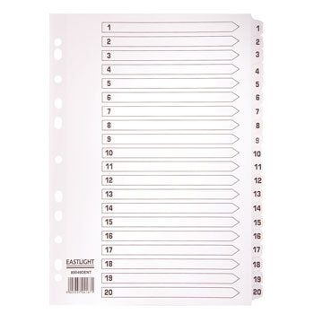 MULTI-PUNCHED TABBED DIVIDERS FOR BINDERS AND FILES, CARD, PRINTED POSITION TABS, Numbered 1-20, White, (A4) 223 x 297mm, 10 x Set of 20