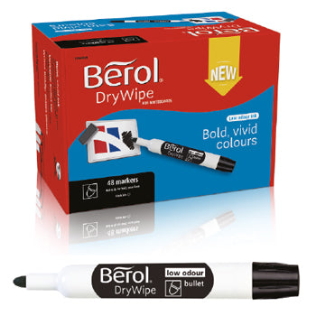 MARKERS, DRYWIPE WHITEBOARD, CHISEL TIP,  DRYWIPE PEN SHAPE MARKERS, Berol DryWipe Marker, Bullet Tip, Black, Berol, Class Pack of 48