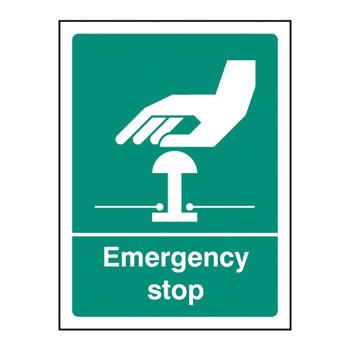 SIGNS, SAFETY, SELF-ADHESIVE, Emergency stop, 250 x 300mm, Each