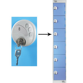 SIX COMPARTMENT LOCKERS WITH KEY LOCKS, 300 x 300 x 1800mm (w x d x h), Single Bay Locker, Red doors