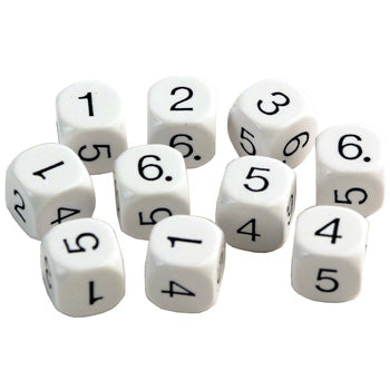 DICE - PLASTIC, 18mm, White, Numbered 1 - 6, Pack of 10