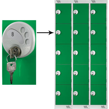 FIVE COMPARTMENT LOCKERS WITH KEY LOCKS, 300 x 450 x 1800mm (w x d x h), Nest of 3 Lockers, Yellow doors