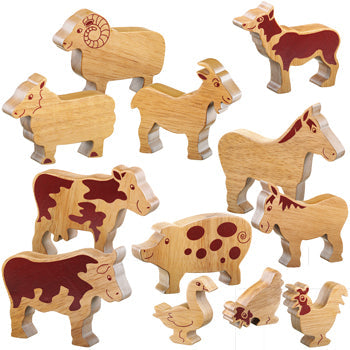 NATURAL WOODEN FARM ANIMALS, Age 12mths+, Set of 12