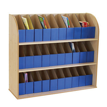 MAPLE EFFECT STORAGE, A4 BOOKCASES, 3 Shelves, Blue boxes