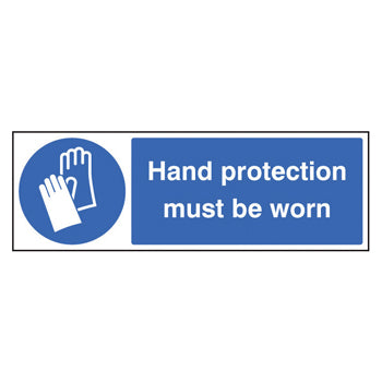 SIGNS, SAFETY, SELF-ADHESIVE, Hand protection must be worn, 300 x 100mm, Each