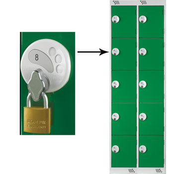 FIVE COMPARTMENT LOCKERS WITH SWIVEL CATCH LOCKS, 300 x 450 x 1800mm (w x d x h), Nest of 2 Lockers, Red doors