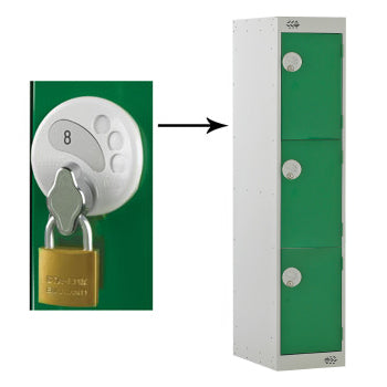 Three Quarter Height School Lockers, THREE QUARTER HEIGHT WITH SWIVEL CATCH LOCK, THREE COMPARTMENT, Nest of 2 Lockers, Green doors