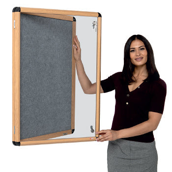 SHIELD WOOD EFFECT ALUMINIUM FRAME ECO-COLOUR(R) NOTICEBOARDS, Tamperproof, Side Hinged Doors, Single Door - 600 x 900mm height, Natural