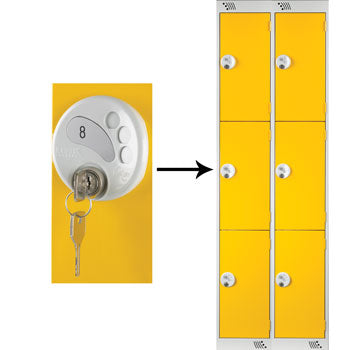 THREE COMPARTMENT LOCKERS WITH KEY LOCKS, 300 x 450 x 1800mm (w x d x h), Nest of 2 Lockers, Yellow doors