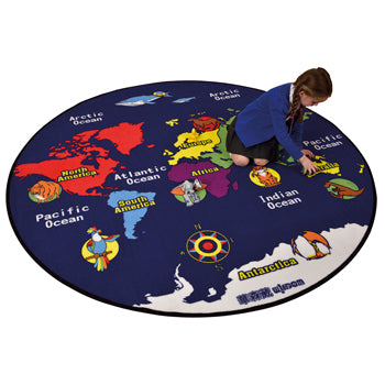 LEARNING RUGS, ECONOMY PILE RUGS, World Map, 2000mm diameter, Each