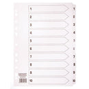 MULTI-PUNCHED TABBED DIVIDERS FOR BINDERS AND FILES, CARD, PRINTED POSITION TABS, Numbered 1-10, White, (A4) 223 x 297mm, 20 x Set of 10