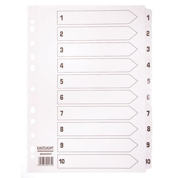 MULTI-PUNCHED TABBED DIVIDERS FOR BINDERS AND FILES, CARD, PRINTED POSITION TABS, Numbered 1-10, White, (A4) 223 x 297mm, 20 x Set of 10
