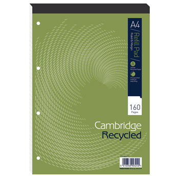 REFILL WRITING PADS, A4, Punched 4 Holes, Recycled Quality Pad, Punched 4 Holes., 8mm ruled with margin, Pack of 5