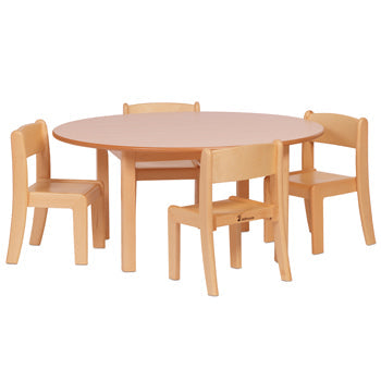 WOODEN TABLES & CHAIRS, CIRCULAR TABLE & 4 BEECH STACKING CHAIRS, Table 530mm, Chair 310mm, 4-6yrs