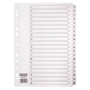 MULTI-PUNCHED TABBED DIVIDERS FOR BINDERS AND FILES, POLYPROPYLENE, PRINTED POSITION TABS, A-Z, Grey, (A4) 223 x 297mm, 10 x Set of 20