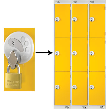 THREE COMPARTMENT LOCKERS WITH SWIVEL CATCH LOCKS, 300 x 300 x 1800mm (w x d x h), Nest of 3 Lockers, Yellow doors