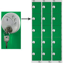 FIVE COMPARTMENT LOCKERS WITH KEY LOCKS, 300 x 300 x 1800mm (w x d x h), Nest of 3 Lockers, Green doors