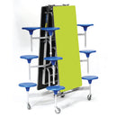 TABLE AND SEATING UNITS, 12 SEAT RECTANGULAR TABLES, Table Top Lime Green, Blue Seats, 690mm height
