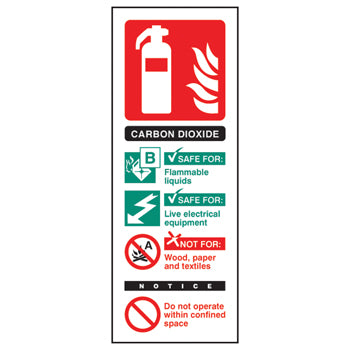 SAFETY SIGNS, KNOW YOUR EXTINGUISHERS, SELF-ADHESIVE, CARBON DIOXIDE, 75 x 200mm, Each