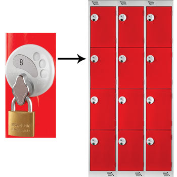FOUR COMPARTMENT LOCKERS WITH SWIVEL CATCH LOCKS, 300 x 300 x 1800mm (w x d x h), Nest of 3 Lockers, Red doors
