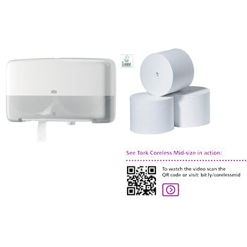 TORK CORELESS MID-SIZE TOILET ROLL, Twin Coreless Mid-size Toilet Roll Dispenser, Each