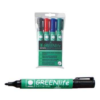 GREENLIFE DRYWIPE MARKERS, Bullet Tip, Single Colours, Black, Box of 10