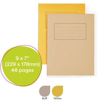 EXERCISE BOOKS, MANILLA COVERS, 9 x 7'' (229 x 178mm), 48 pages - 225gsm manilla cover, Yellow, 8mm ruled with margin, Pack of 25