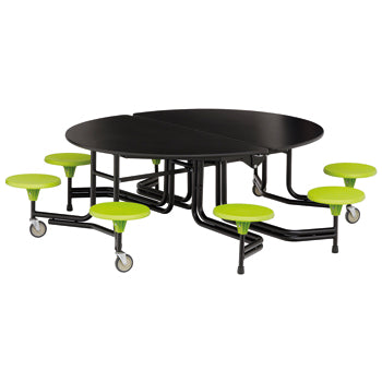 TABLE AND SEATING UNITS, 8 SEAT OVAL GRADUATE TABLE, Table Top Black, Lime Green Seats, 740mm height
