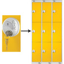 THREE COMPARTMENT LOCKERS WITH KEY LOCKS, 300 x 300 x 1800mm (w x d x h), Nest of 3 Lockers, Red doors