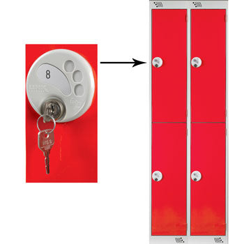 TWO COMPARTMENT LOCKERS WITH KEY LOCKS, 450 x 450 x 1800mm (w x d x h), Nest of 2 Lockers, Red doors