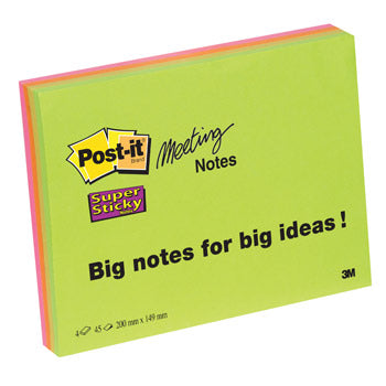 POST-IT(R) SUPER STICKY MEETING NOTES, Neon Colours XXXL, 203 x 152mm, Pack of 4