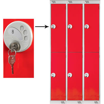 TWO COMPARTMENT LOCKERS WITH KEY LOCKS, 300 x 450 x 1800mm (w x d x h), Nest of 3 Lockers, Red doors