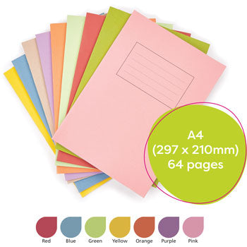 EXERCISE BOOKS, MANILLA COVERS, A4 (297 x 210mm), 64 pages - 75gsm white paper, Green, Half plain/half 15mm ruled, Pack of 50