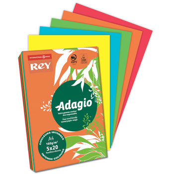 REY ADAGIO CARD, VIVID COLOURS,, A5, 160gsm (200 micron), Pack of 5 x 50 sheets