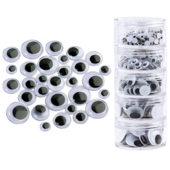 WIGGLY EYES, Assorted Sizes, Black, Plastic Decanting Tube of 560