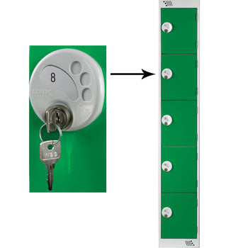FIVE COMPARTMENT LOCKERS WITH KEY LOCKS, 300 x 300 x 1800mm (w x d x h), Single Bay Locker, Red doors