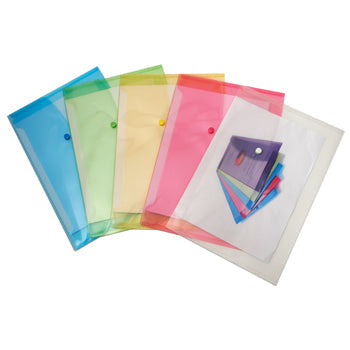 POLYPROPYLENE WALLETS FOOLSCAP, Classic Colours, Assorted, Pack of 5