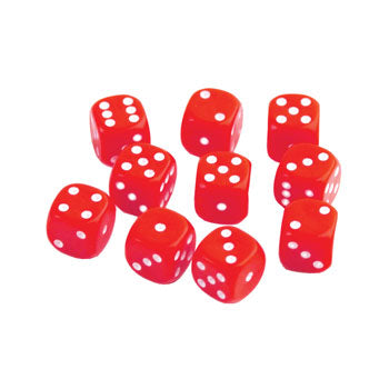 DICE - PLASTIC, 12mm, Red, Dots 1 - 6, Set of 10