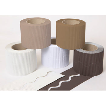 CORRUGATED PAPER BORDER ROLLS, Scalloped Cut Plains Assorted, Naturals, Pack of 5 rolls