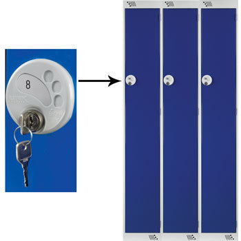 SINGLE COMPARTMENT LOCKERS WITH KEY LOCKS, 300 x 450 x 1800mm (w x d x h), Nest of 3 Lockers, Electric Blue doors